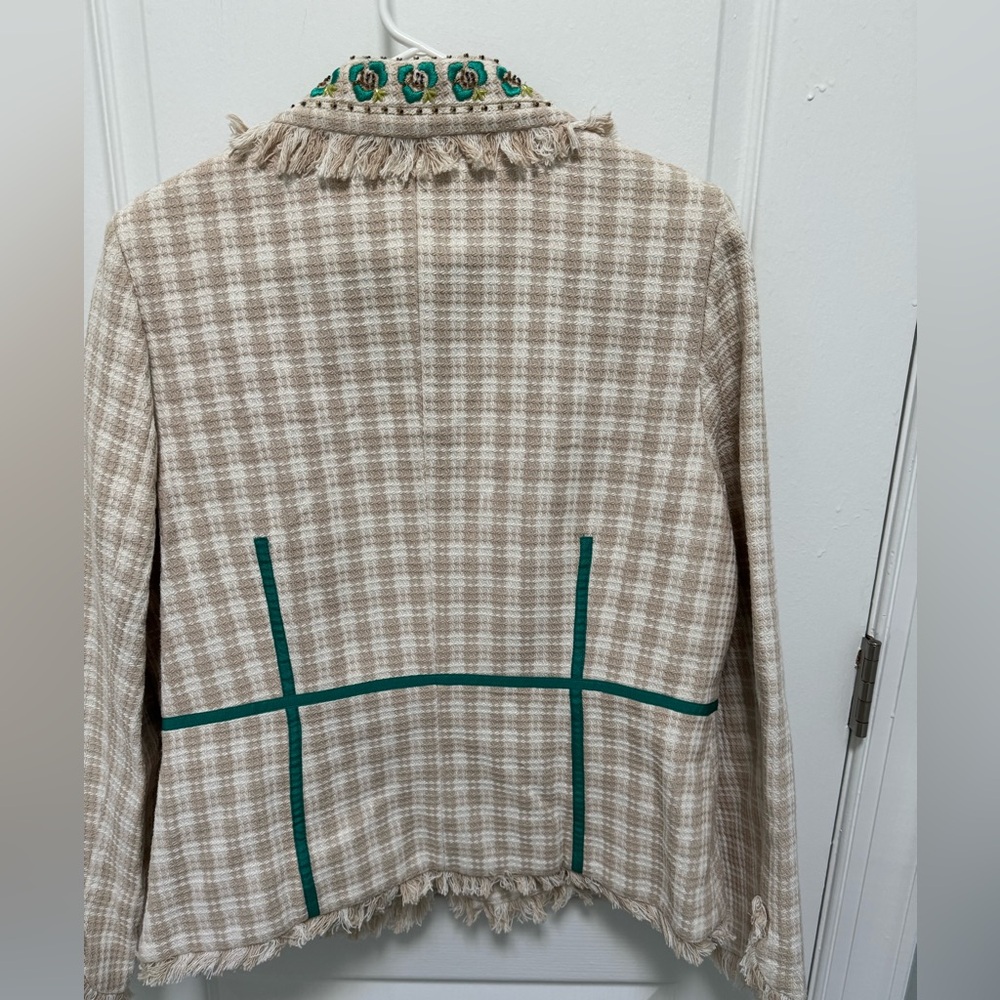 Beige Plaid Blazer with Fringe and Green Embroidery Accents,Size 16, Lined, NWT - Picture 2 of 8